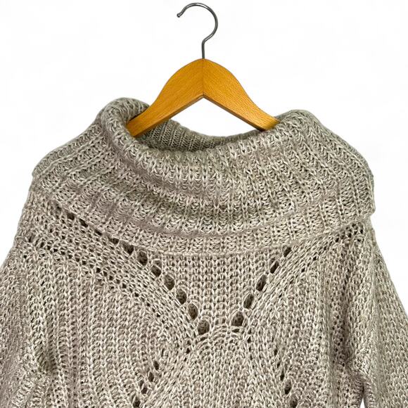 Dreamers Women's Open Knit Cowl Neck Sweater Size S Taupe Gray Pointelle Knit - Picture 2 of 9